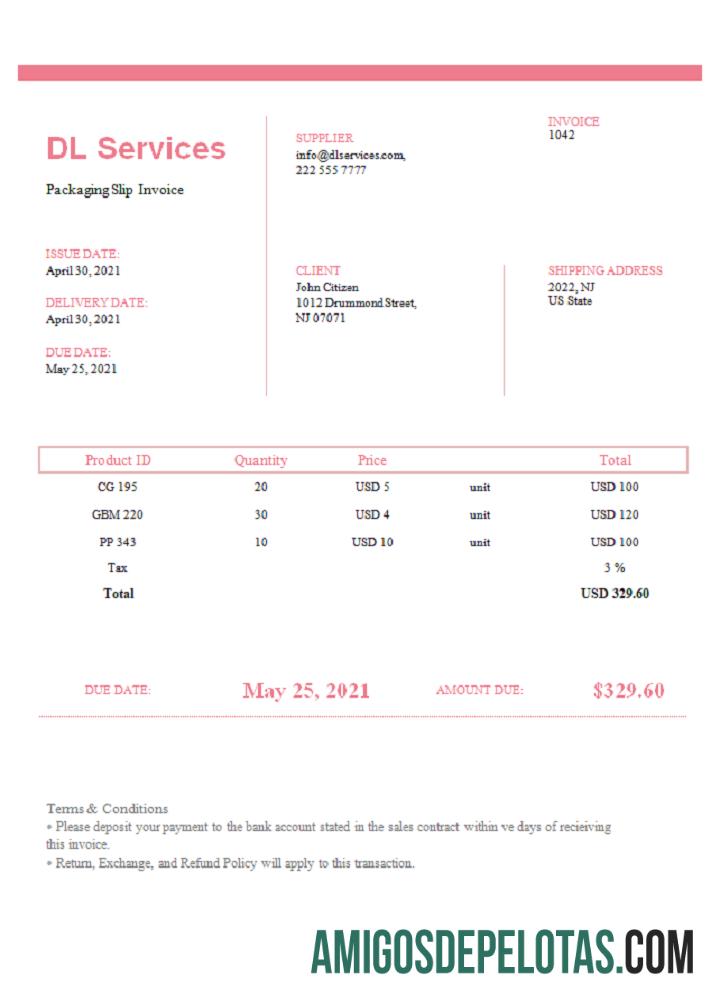 Fatura de serviços DL dos EUA exemplo real